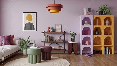 Modern living room with lavender walls and colorful furniture