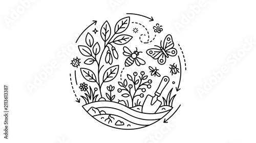 Dynamic Black and White Line Drawing of Circular Garden Ecosystem with Plant Insects and Gardening Tools