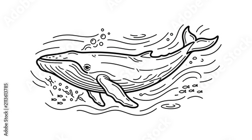 Minimalist Black and White Line Drawing of a Whale Swimming in Ocean Waves with Bubbles and Fish