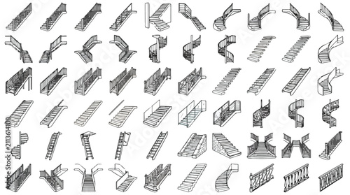 Isometric staircase vector set, modern architectural stairs with handrails, collection of 60 interior and exterior step designs for building floor plans