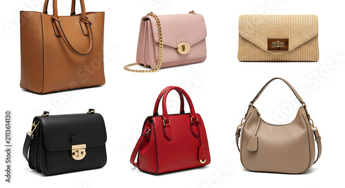 Collection of stylish leather handbags in various colors and designs.