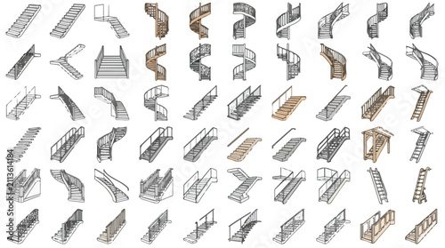 Isometric architectural staircase icons, collection of 60 modern stairs and spiral steps, technical building vector elements for floor plans