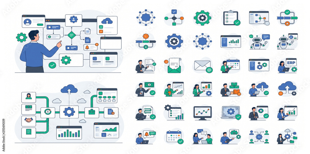 Fototapeta premium Business Workflow Management Vector Illustration Set