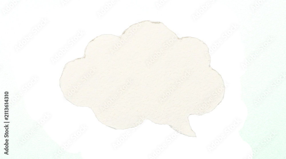 Obraz premium Minimalist white speech bubble on bright background, blank paper thought cloud for text, clean communication icon for social media and advertising