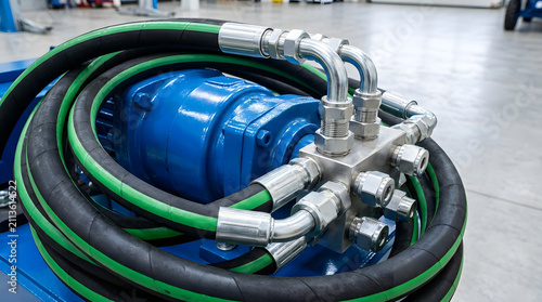 Industrial Hydraulic Pump Power Unit with High Pressure Green and Black Hoses