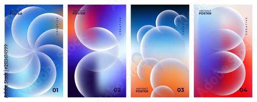 Modern abstract gradient poster design template collection featuring soft blurred overlapping transparent glass circles and fluid colorful backgrounds