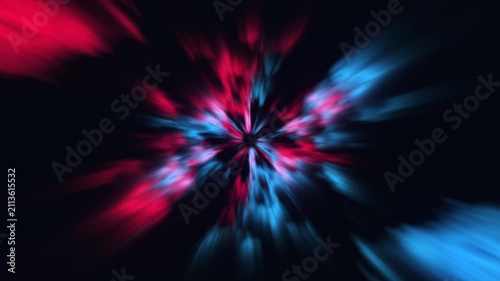 Abstract red and blue nebular energy swirls moving in dark endless space tunnel with video displays