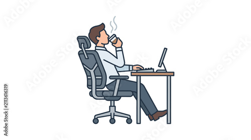 Bild auf Leinwand Man Working at Desk Drinking Coffee Vector Illustration