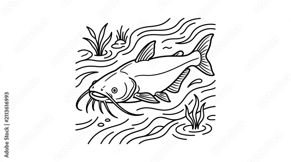 Obraz premium Minimalist Black and White Line Drawing of Fish and Dolphin in Underwater Scene with Seaweed and Bubbles