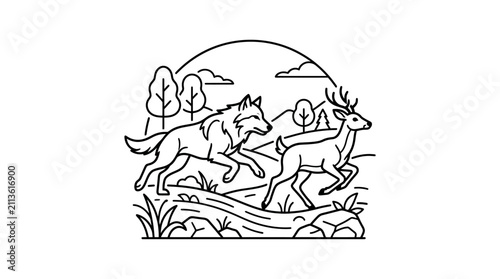 Elegant Black and White Line Drawing of Wolves Hunting a Deer in a Forest Landscape Under a Full Moon