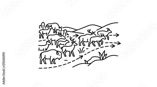 Modern Minimalist Black and White Line Drawing of Sheep Migration Across Grassland with Directional Arrows