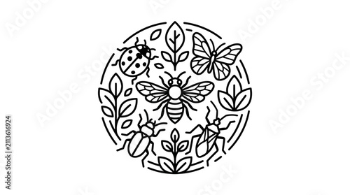 Minimalist Black and White Line Art of Pollinators and Nature Elements in Circular Composition with high quality professional line art symbols for modern creative design and digital branding projects