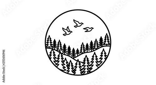Clean Black and White Minimalist Forest Scene with Flying Birds Inside a Circle Border with high quality professional line art symbols for modern creative design and digital branding projects