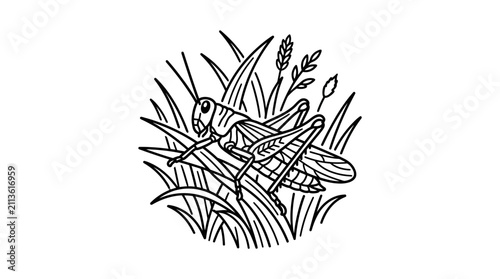 Creative Black and White Line Drawing of a Bird Nesting Amongst Tall Grass and Wheat Stalks with high quality professional line art symbols for modern creative design and digital branding projects