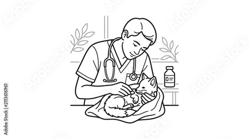 Industrial Style Line Drawing of Veterinarian Administering Medicine to Cat with Medical Supplies Nearby