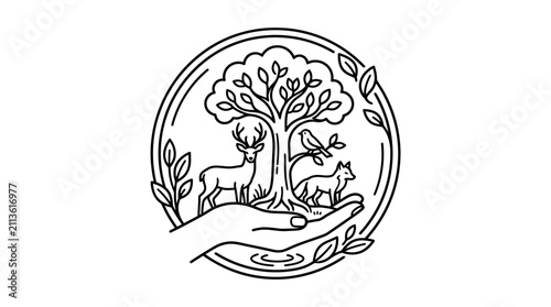 Modern Minimalist Black and White Forest Circle Emblem with Deer Fox Tree and Bird with high quality professional line art symbols for modern creative design and digital branding projects
