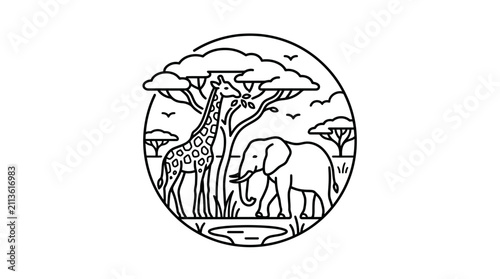 Sleek Black and White Line Art of African Wildlife in a Circular Frame Featuring a Giraffe Elephant and Trees