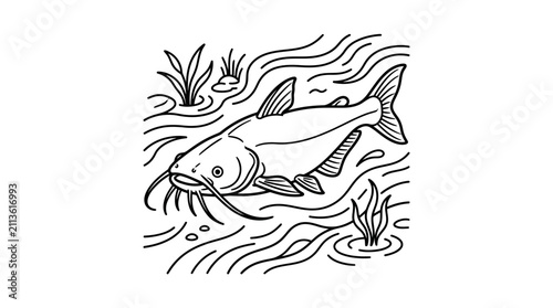 Minimalist Black and White Line Drawing of Fish and Dolphin in Underwater Scene with Seaweed and Bubbles