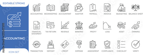 Accounting Bookkeeping, Financial Statement, Tax Return Invoice, Auditor Payroll, Budgeting Balance Sheet, Banking Deposit Transaction Minimalist Line Icon Set