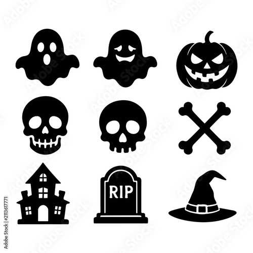 Spooky Halloween Silhouette Icon Set with Ghosts, Skulls, Pumpkin, Haunted House, and Witch Hat