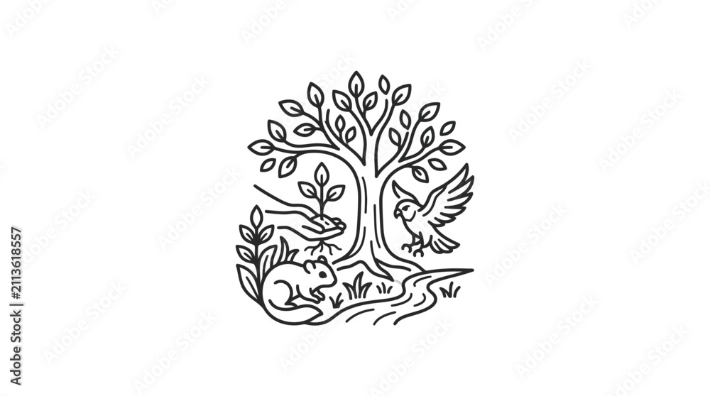 Fototapeta premium Creative Black and White Line Drawing of Tree with Eagle Squirrel and Deer in Natural Habitat with high quality professional line art symbols for modern creative design and digital branding projects