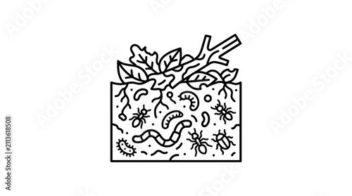 Dynamic Black and White of Soil Microorganisms and Plant Growth with Branch with high quality professional line art symbols for modern creative design and digital branding projects