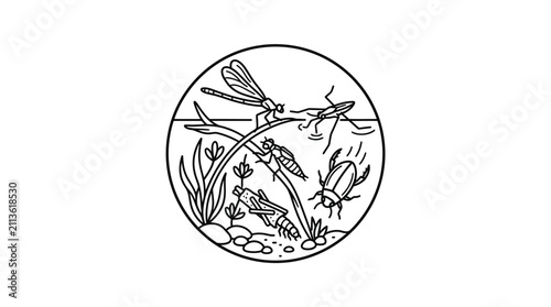 Clean Black and White of Aquatic Insects and Dragonfly in Circular Frame with high quality professional line art symbols for modern creative design and digital branding projects