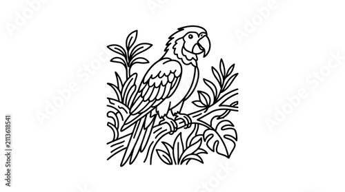 Professional Black and White Line Drawing of a Colorful Parrot Perched on Tropical Leaves and Branches