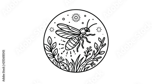 Modern Black and White Line Art of Bee Flying Over Botanical Elements with Stars and Sun with high quality professional line art symbols for modern creative design and digital branding projects