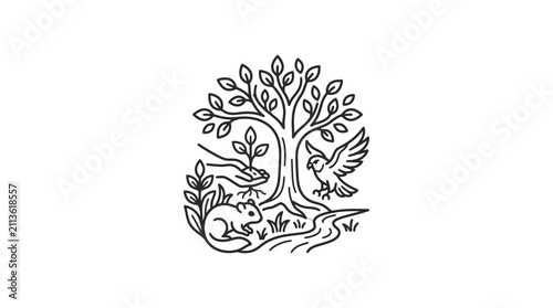 Creative Black and White Line Drawing of Tree with Eagle Squirrel and Deer in Natural Habitat with high quality professional line art symbols for modern creative design and digital branding projects