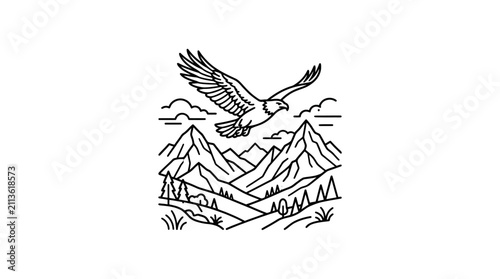 Industrial Style Black and White Line Drawing of Eagle Flying Over Mountainous Terrain with Trees