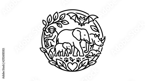 Corporate Black and White Wildlife Circle Logo Featuring Elephants Rhinos Monkeys and Nature Elements for Eco Friendly Branding