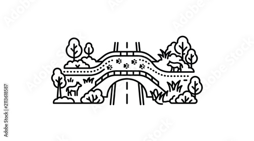 Elegant Black and White Line Drawing of a Scenic Bridge Path Surrounded by Trees Deer and Nature