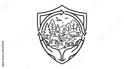 Clean Black and White Hand Holding Earth Shield with Forest and Wildlife Art with high quality professional line art symbols for modern creative design and digital branding projects