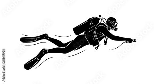 Scuba diver swimming underwater in silhouette style