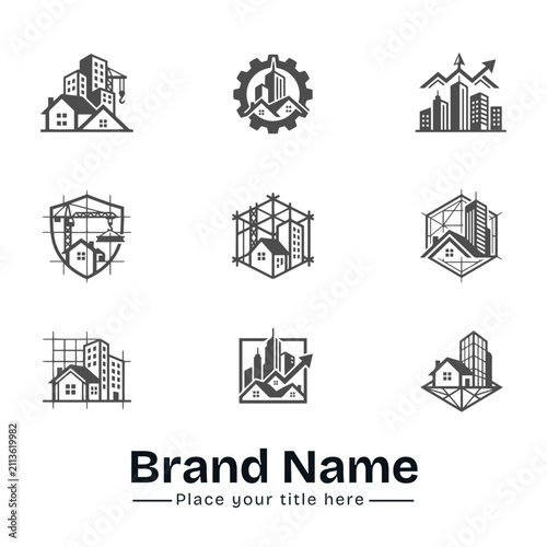 Real estate, construction and architectural logo icon set. Blueprint grid, industrial gear, security shield, growth arrow, house roof and city building skyline vector templates.