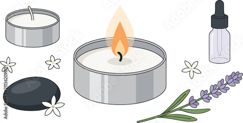 Foto Aromatherapy spa vector illustration set featuring scented tealight candles burn