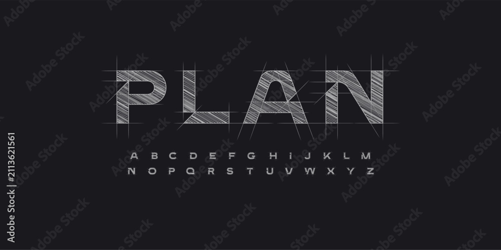 Naklejka premium Architect Font Logo Alphabet Blueprint Letter Set Modern Typography, Creative Typographic Design for Architectural Title Text, Technical Project Headline and Logotype, Contour Fonts. Vector Typeface