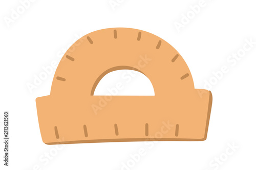 Wooden protractor for measuring angles in geometry lessons. Vector isolated illustration.
