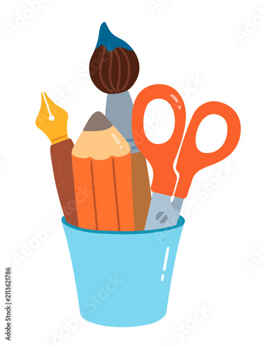 Colorful desk organizer cup with scissors, pencil, fountain pen, and paintbrush. Vector illustration isolated.