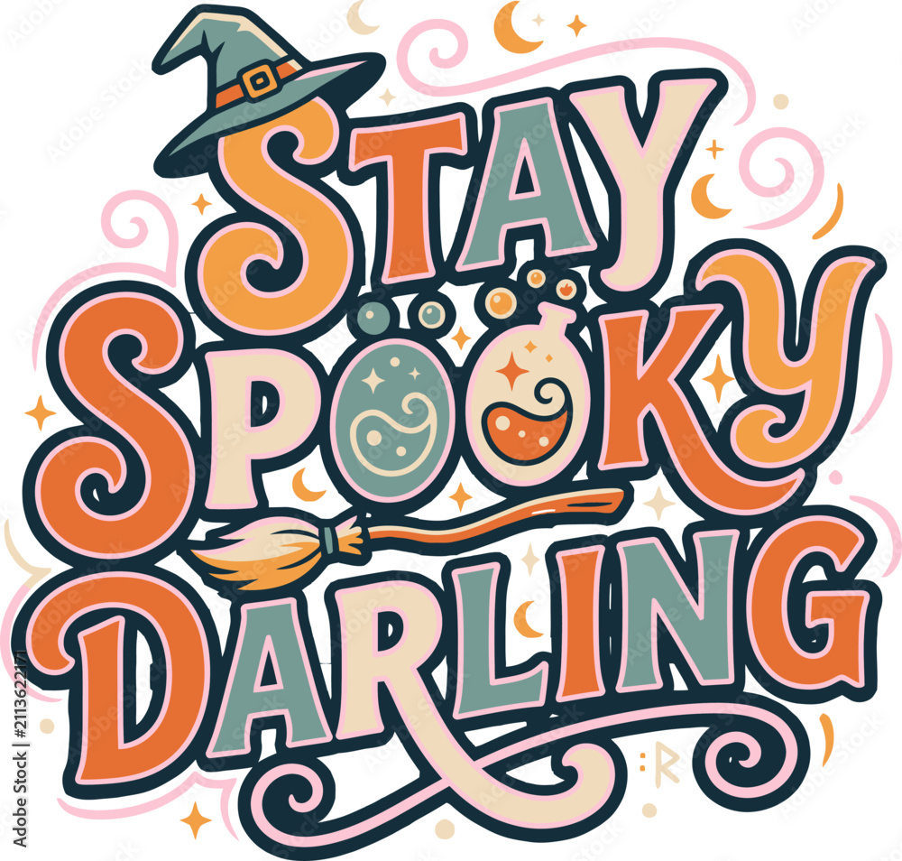 Naklejka premium Retro Halloween lettering design with witch hat, broom, and potions on white background