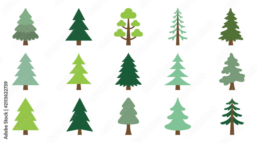 Obraz premium Pine tree icons set, flat vector forest collection