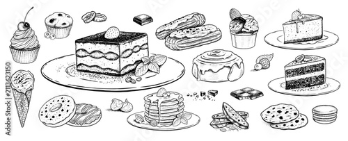 Vector illustration of assorted hand drawn desserts. Cakes, pastries, ice cream, cookies and pancakes isolated.