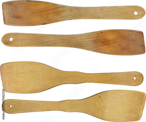 Wooden kitchen spatulas and cooking utensils isolated on transparent background