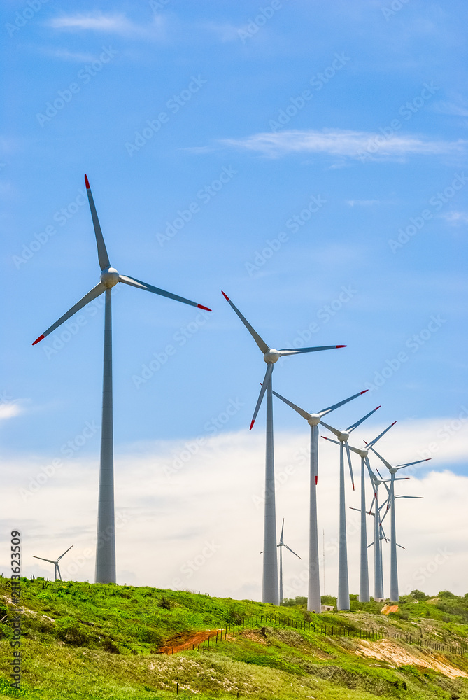 Fototapeta premium Wind Turbines at Mataraca Wind Farm in Paraíba, Brazil on April 14, 2008