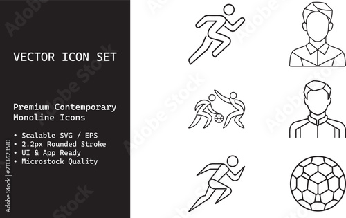 Sports and Soccer Monoline Vector Icon Set - Running Athlete, Football Player, Soccer Ball, Male Avatar Outline Icons for UI, App, Web, SVG EPS