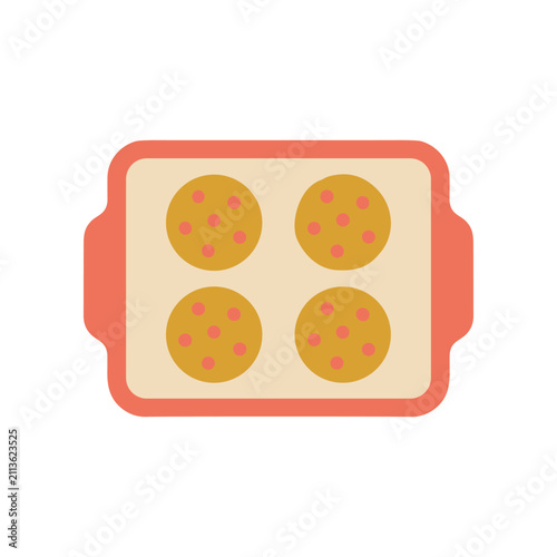 Baking tray with four delicious cookies, sweet baked goods, flat design