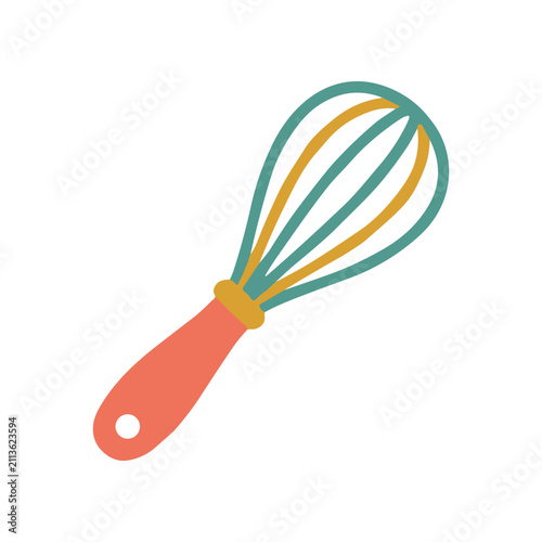 Whisk Kitchen Tool - Coral, Teal, and Gold Cooking Utensil Isolated on White