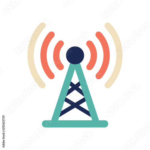 Communication tower with signal waves, flat design, isolated on white background
