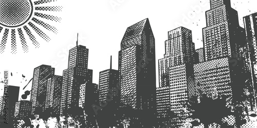 Fotografía Black and white halftone city skyline illustration with a bright sun shining ove